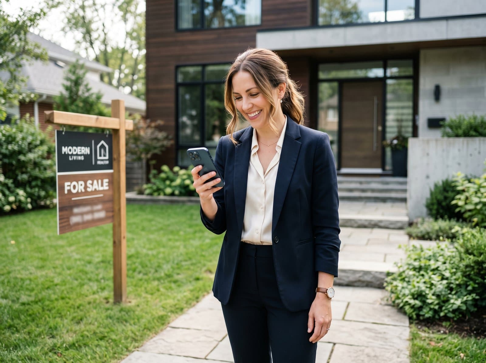 A professional checking a chat on her phone outside a modern building