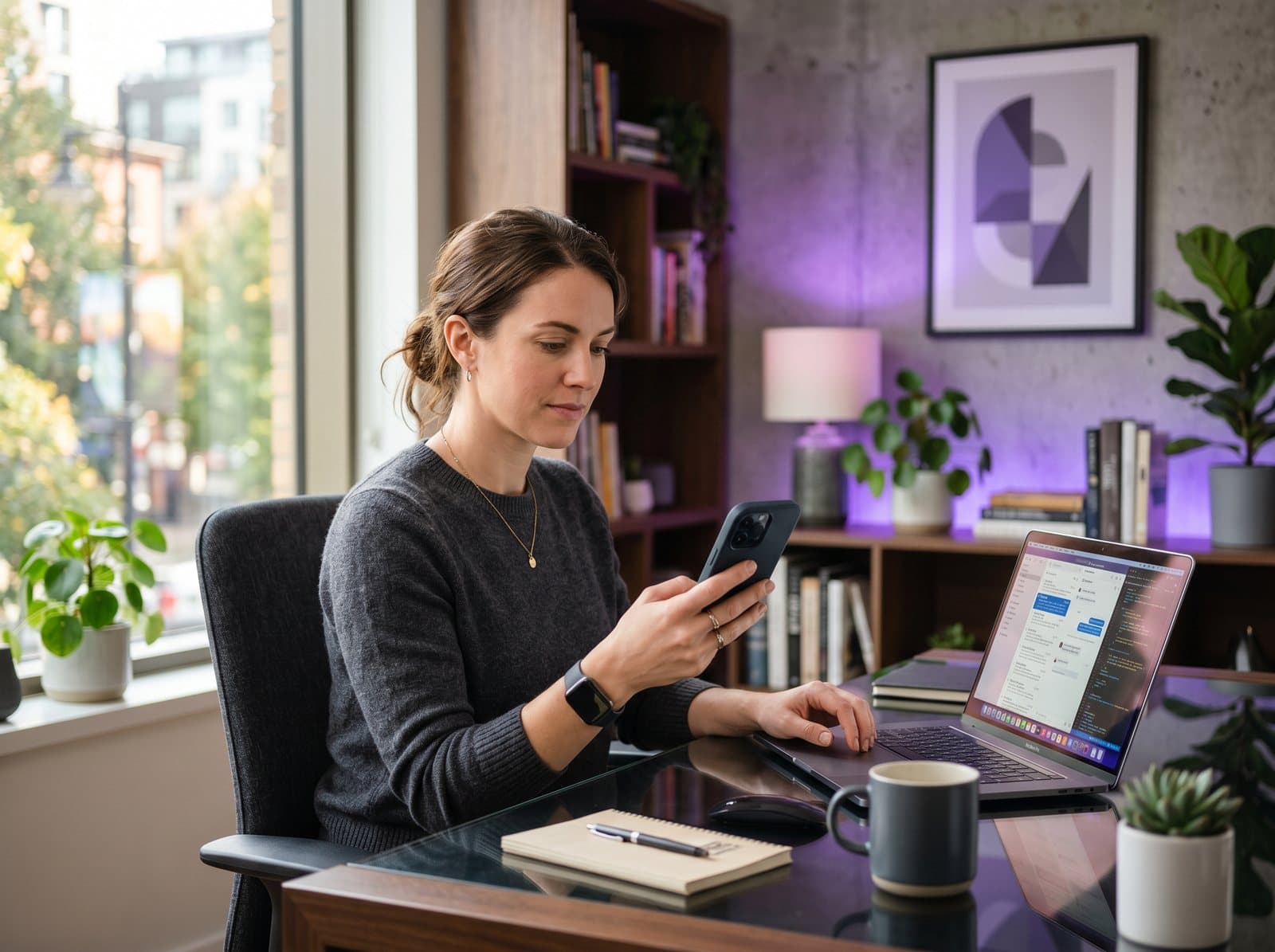 A professional at a modern home office handling messages on her phone