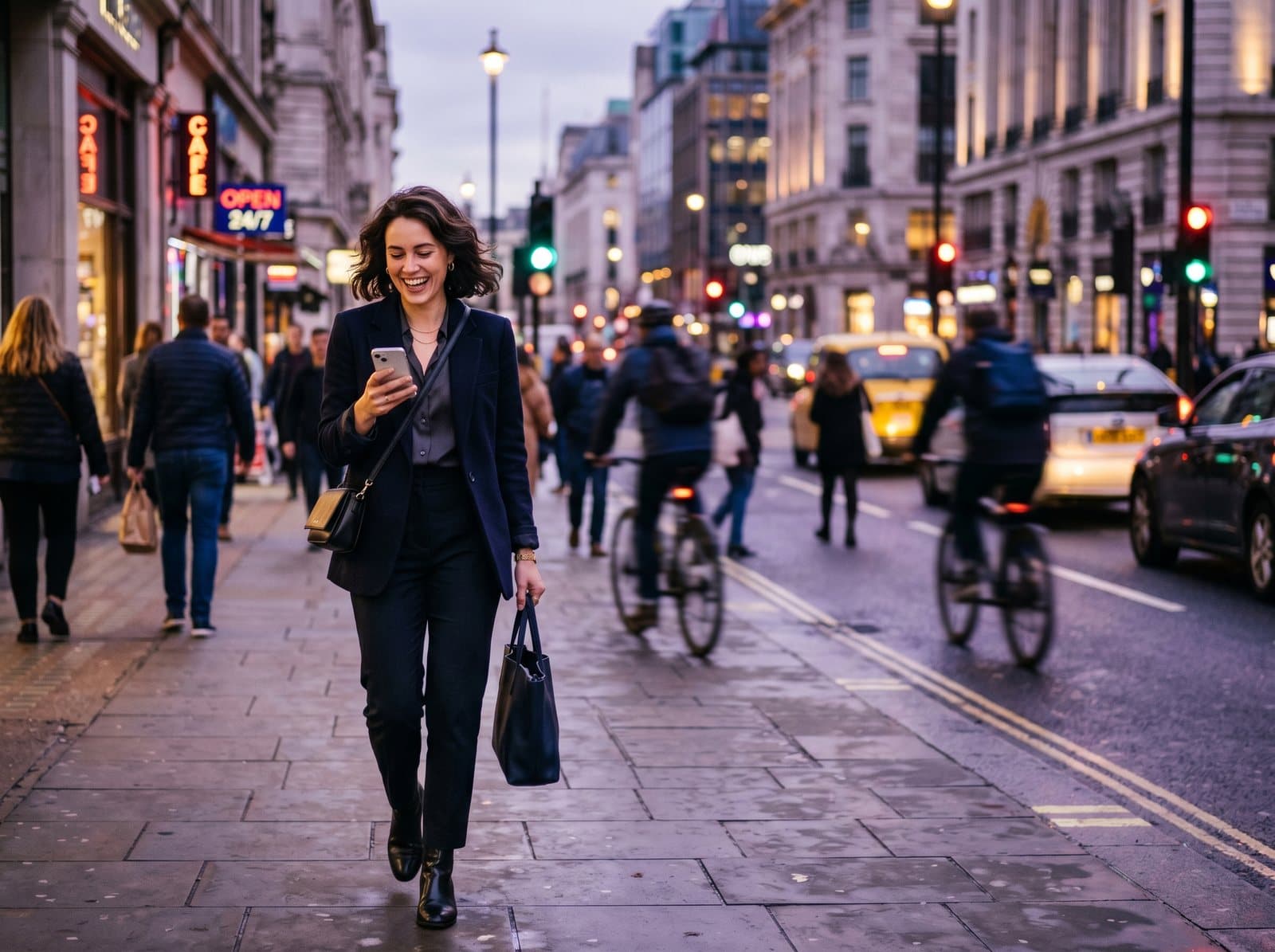 A professional smiling at their phone while walking through the city