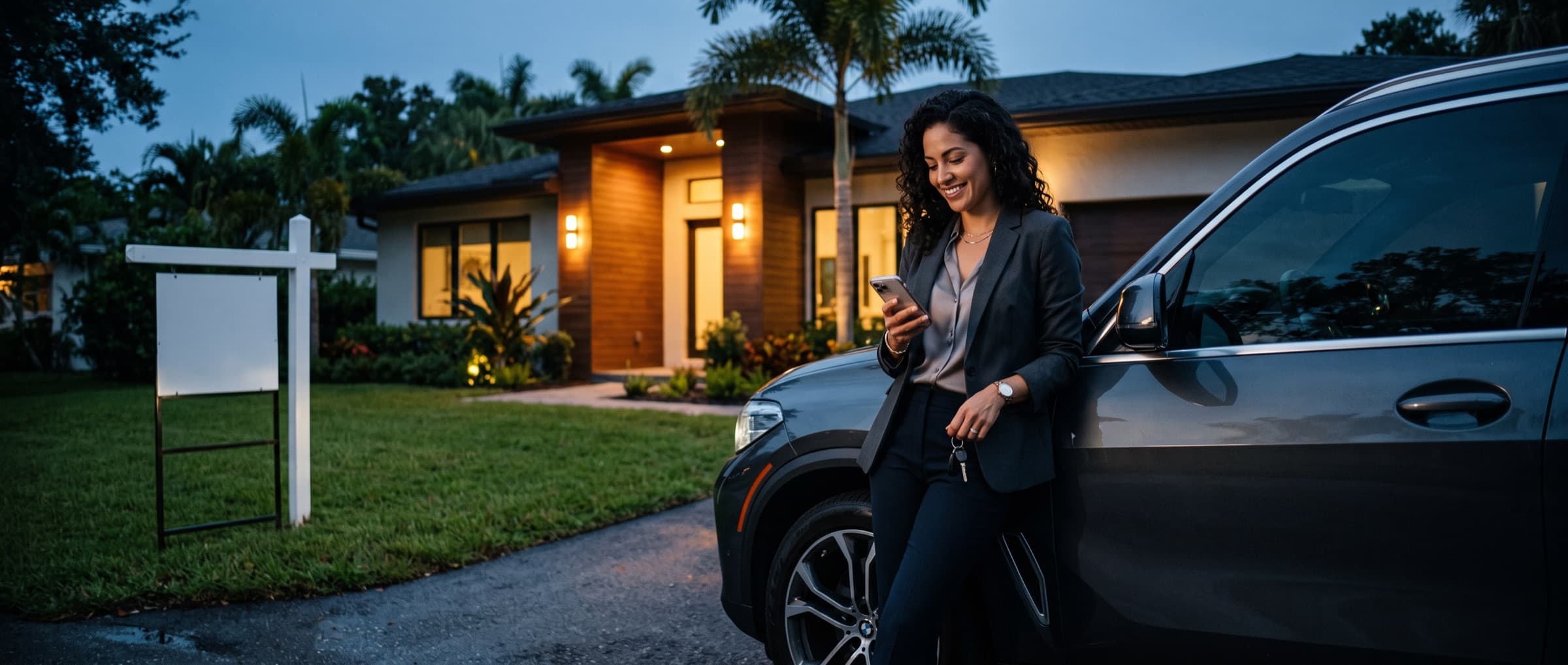 A real estate agent leaning on her car at dusk outside a listing, texting her assistant