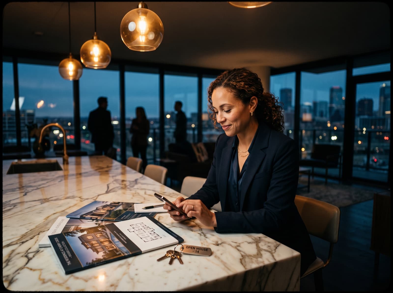 An agent at an evening open house, texting her assistant from the kitchen island