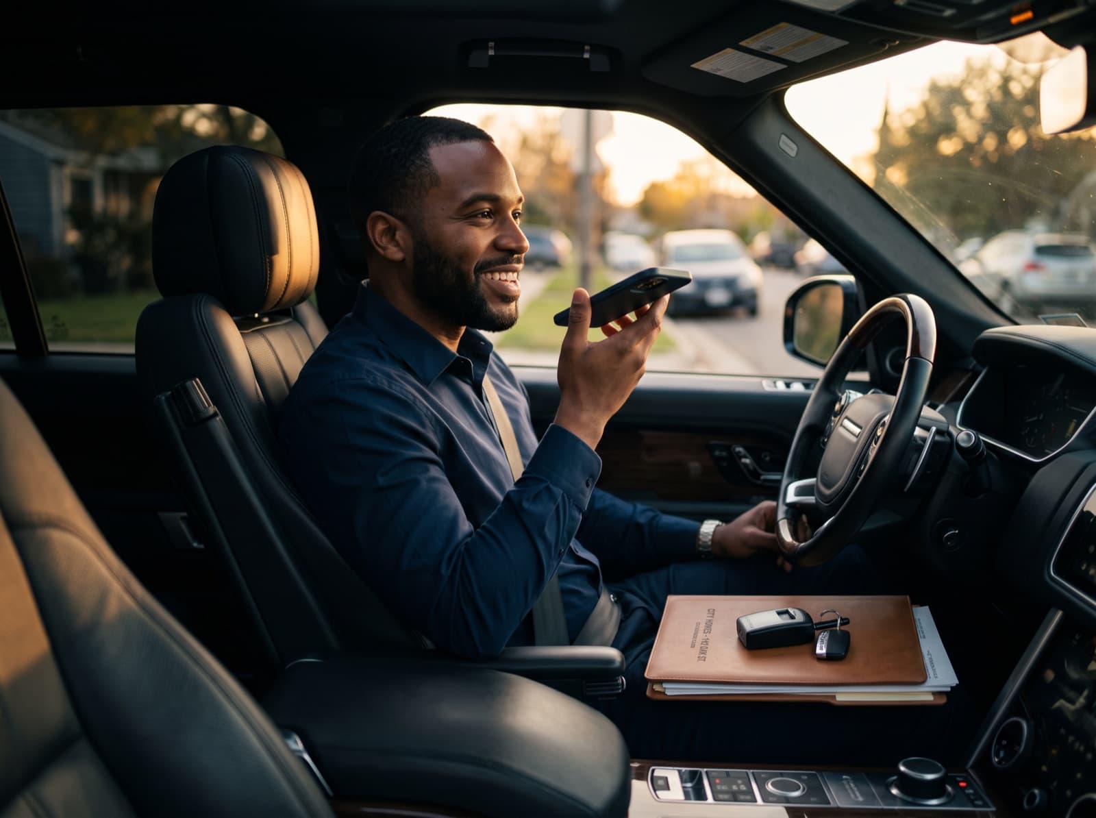 An agent in his car between showings, sending a voice note to his assistant